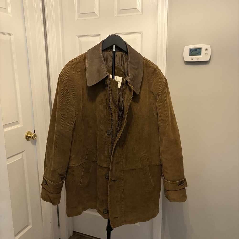 Vintage Norm Thompson Brown Wide-Wale Corduroy Chore Coat Suede Collar Lge‎ READ